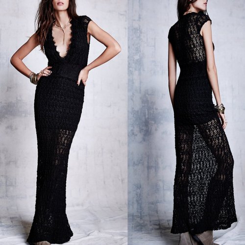 Fashion Sexy V Collar Lace Hollow Out Evening Dress