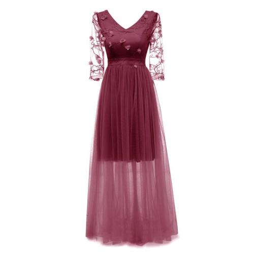 evening dress long elegant applique Net yarn Evening Gown The embroidery formal dress v-neck lace dinner dresses