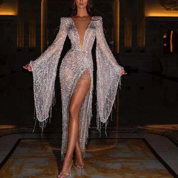 Sexy V-neck long sleeve sequins elegant temperament evening dress