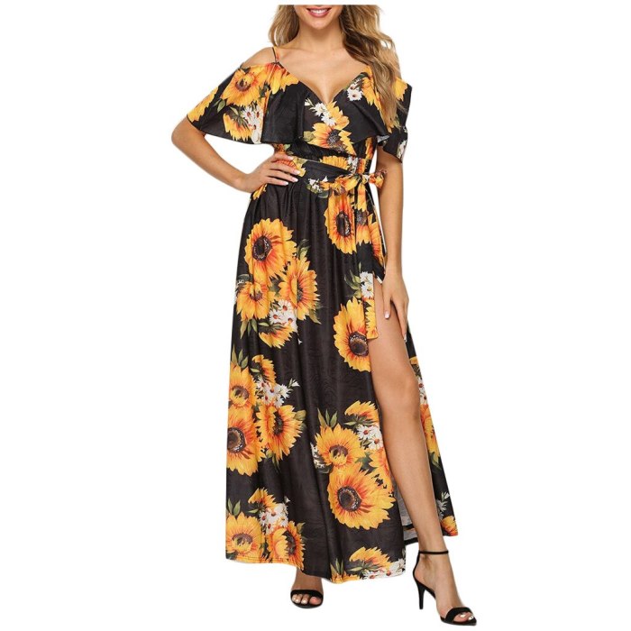 Women Sunflower Printed Short Sleeve V-Neck Off Shouder Camis Sexy Long Maxi Dress