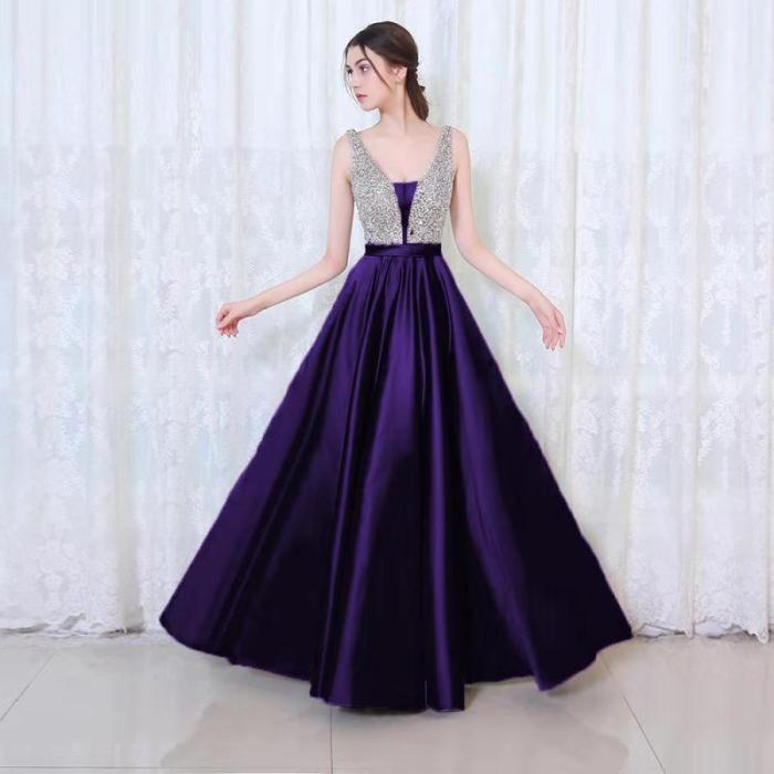 BacklakeGirls New Arrival Floor Length Sexy V Neck Satin Evening Dress Sequined Prom Gowns Plus Size Vestido Largo De Noche