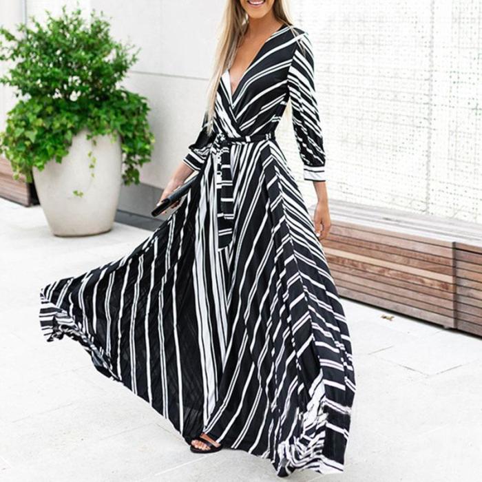 Women's fashion V-neck contrast color striped print dress
