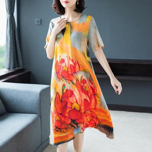 Silk dress female 2019summer new retro loose printed short-sleeved dress large size M-4XL high quality self-cultivation vestidos