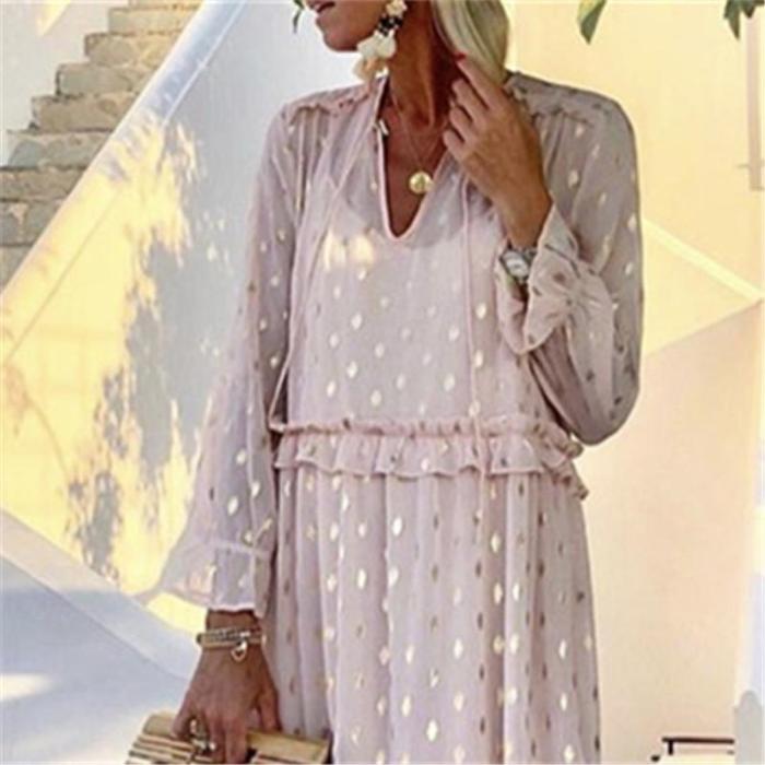 Romantic Fashion V-Neck Metallic Color Dot Printed Long-Sleeved Slim Dresses