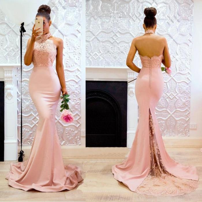 BacklakeGirls 2019 Sexy Sleeveless Halter Stain Evening Dress Elegant Floor Length Light Pink Lace Party Gown Robe Soirée Longue