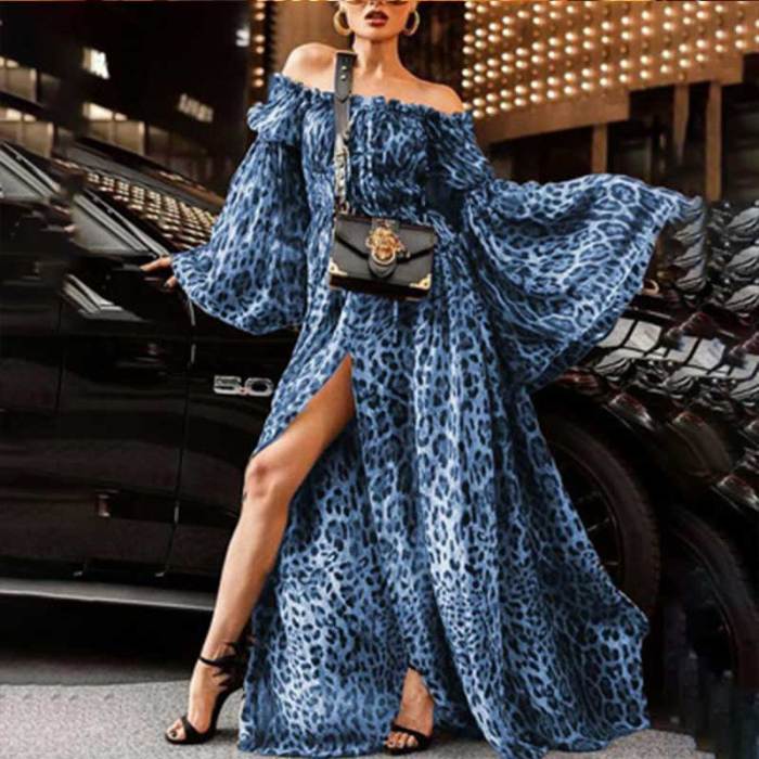 Leopard Print Long Sleeves Dress Women 2019 summer Elegant Off Shoulder Party Dress Sexy Split Long Dress Plus Vestidos