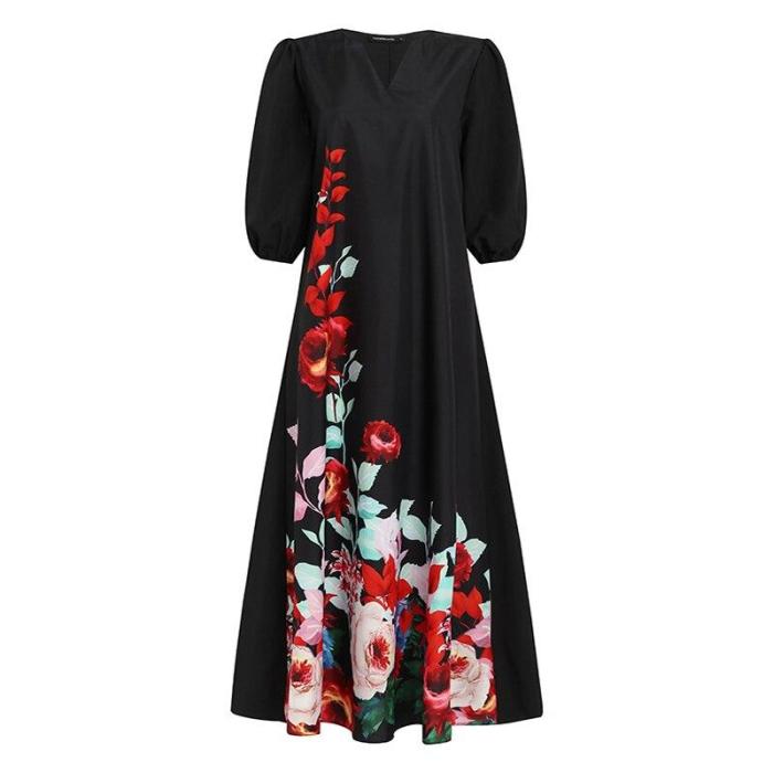 Floral Printed Kaftan Summer Sundress 2020 Fashion V-neck Lantern Sleeve Casual Loose Maxi Dresses
