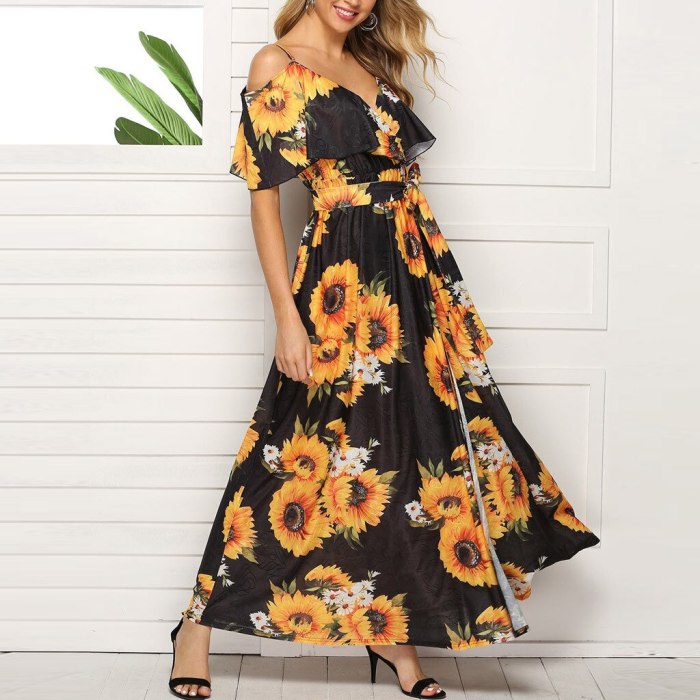 Women Sunflower Printed Short Sleeve V-Neck Off Shouder Camis Sexy Long Maxi Dress