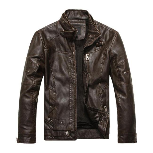 Faux Leather Stand Collar Zip Up Jacket Men Coat 6467