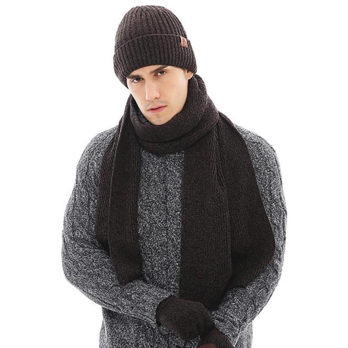 Autumn And Winter Plus Velvet Thick Knit Hat Scarf Gloves Three-Piece
