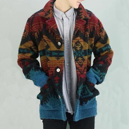 Retro Street Style Print Single Row Button Collar Sweater