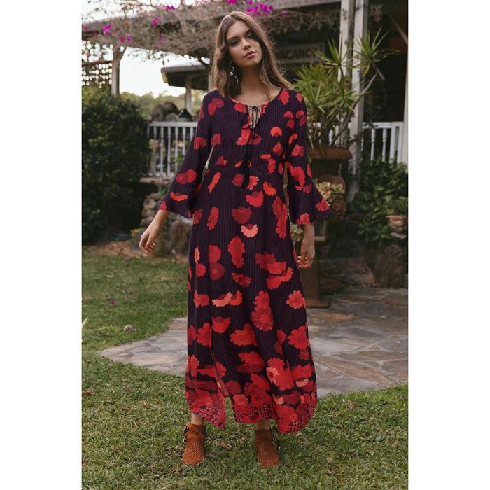 2020 Summer Woman Dresses Boho Fashion Casual Floral Print V-Neck 3/4 Flare Sleeve Ankle-Length High Waist Loose Woman Dress
