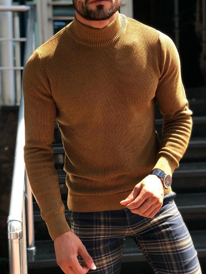 Men'S Solid Color High-Collar Knitted Sweater