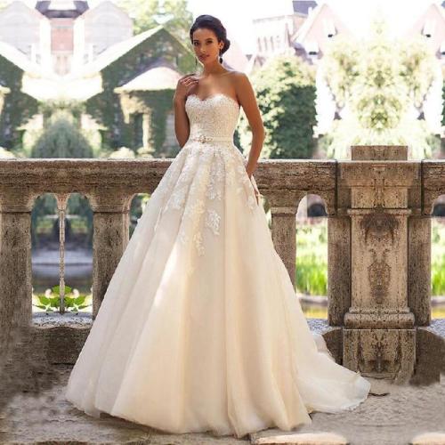 Glamorous Sweetheart Neck Wedding Dress Vestidos de Novia 2019 Lace Appliques with Belt Lace Up Wedding Gowns Robe Mariage