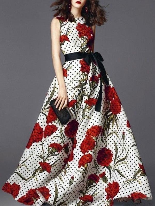 Elegant Round Sleeveless Collar with Bow Print Dress