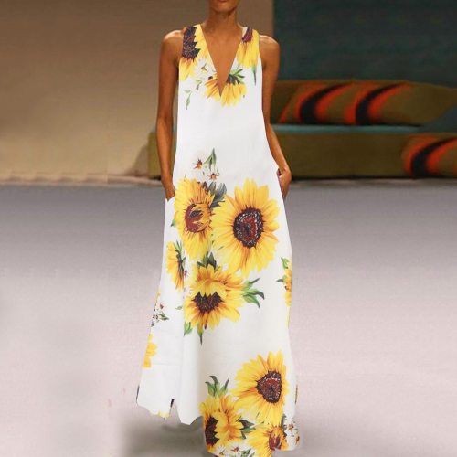 Casual Print Summer V-Neck Sleeveless Loose  Maxi Dress