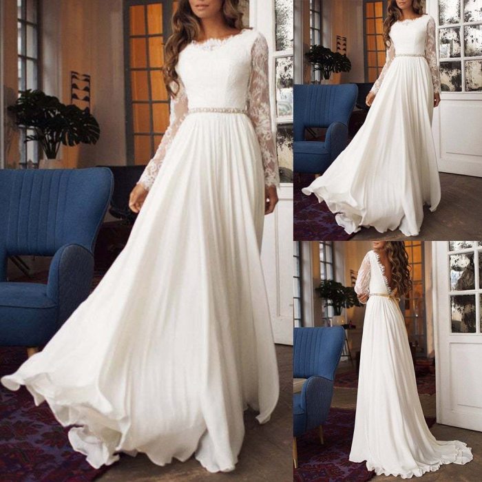 O-Neck White vestidos de novia 2020 Slim Fit Hollow Long Sleeve Maxi Long Dress Lady Party Maxi Dresses