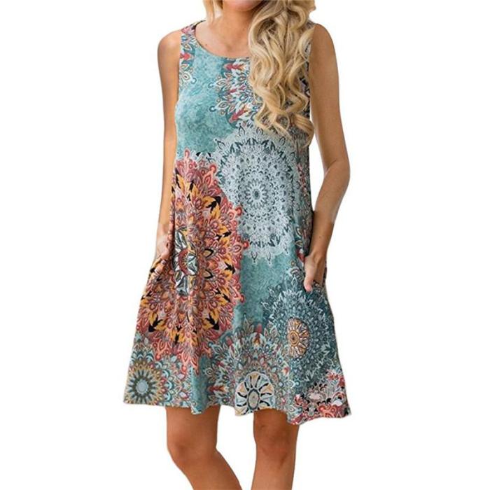 Summer Beach Dress 2019 Women Sleeveless Boho Print Dress Casual O-Neck Pockets A-Line Loose Dress Plus Size 2XL Vestidos