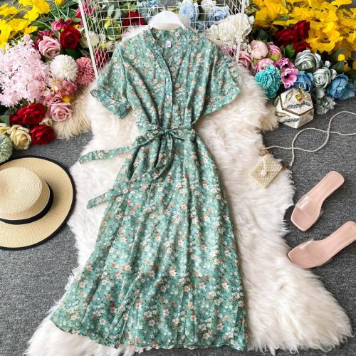JOYMANMALL Summer Women Floral Sundress Korean Chiffon Midi Long Dress Vintage Sashes Party Elegant A-Line Bohemian Flower Print
