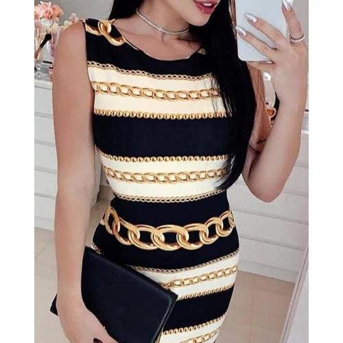New sexy print chain striped tight dress fashion round neck sleeveless mini dress