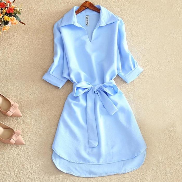 Shirts Women 2020 Summer Casual Dress Fashion Office Lady Solid Red Chiffon Dresses For Women Sashes Tunic Ladies Vestidos Femme