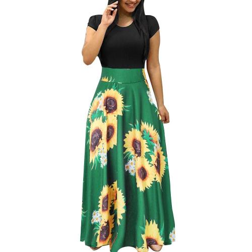 Women Long Maxi Dress 2020 Summer Sunflower Print Boho Beach Dress Short Sleeve O Neck Party Vacation Dresses