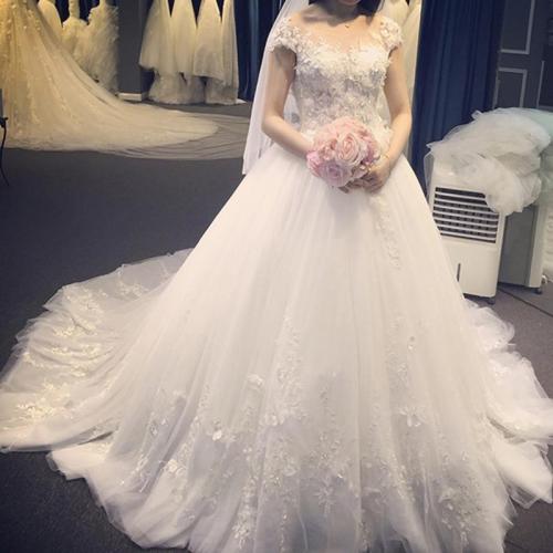 Luxury Lace Appliques Wedding Dress Long 2019 Ball Gown Scoop White Wedding Gown For Bride Crystal Pearls Bridal Gown Robe De Ma