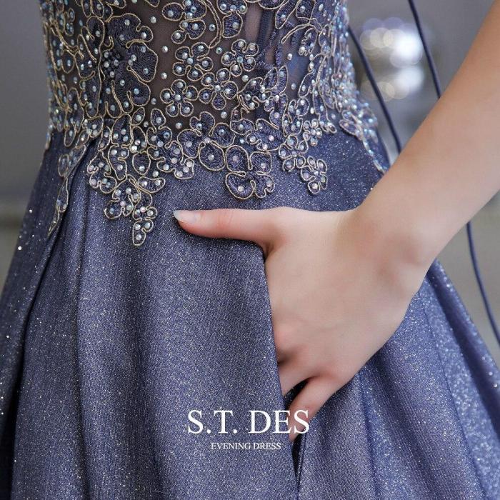 2020 S.T.DES  Brilliant Beaded Embroidery Sequined Blue Satin With Gradient Color A-Line Spaghetti Illusion Evening Dress