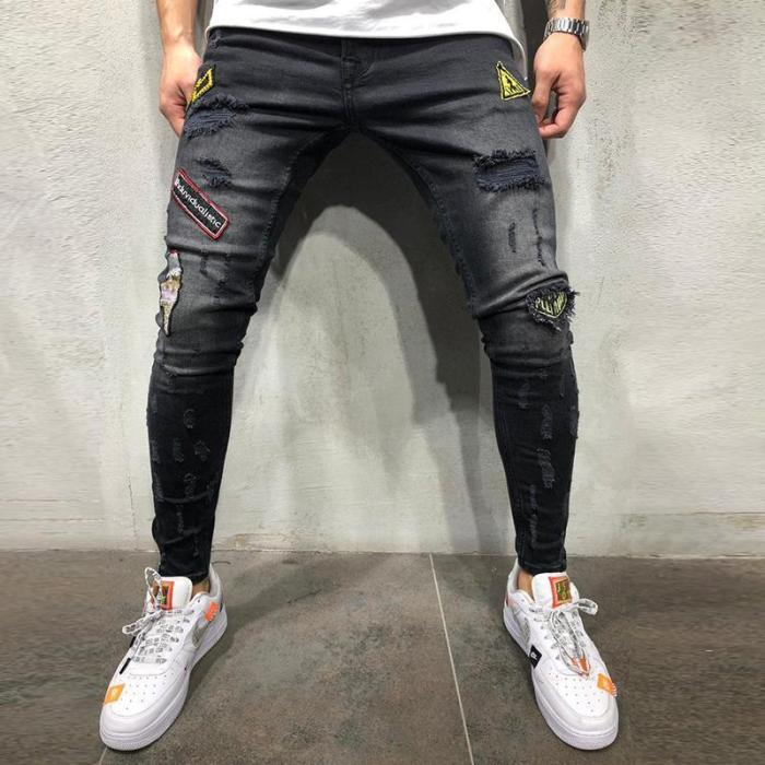 Men's hip hop high-end tight-fitting hole pants
