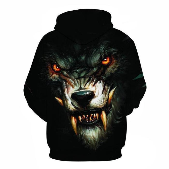 Fashion Loose Wolf Printed Hoodie With Hat