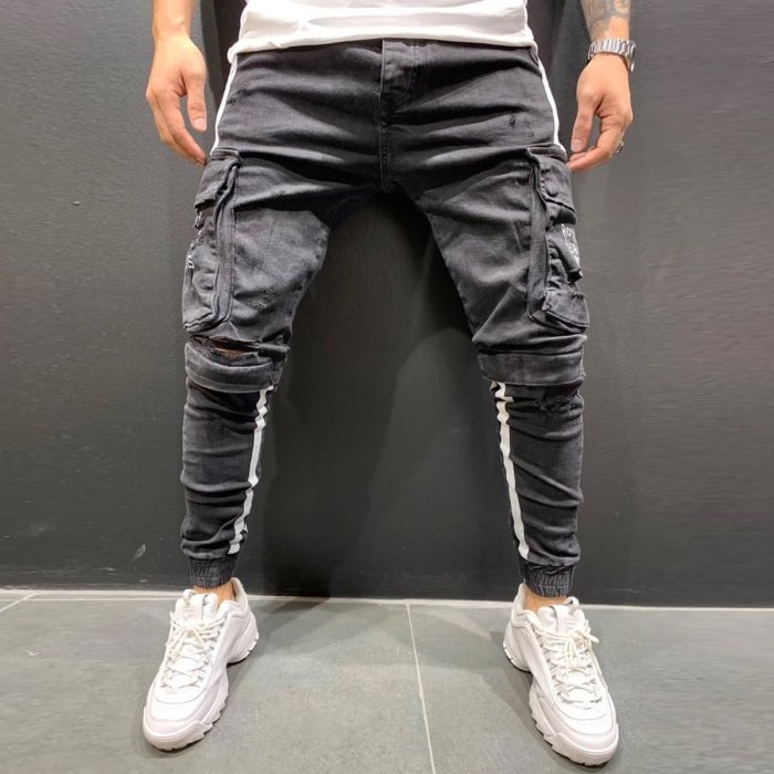 Ripped Holes Stripe Stitching Jeans