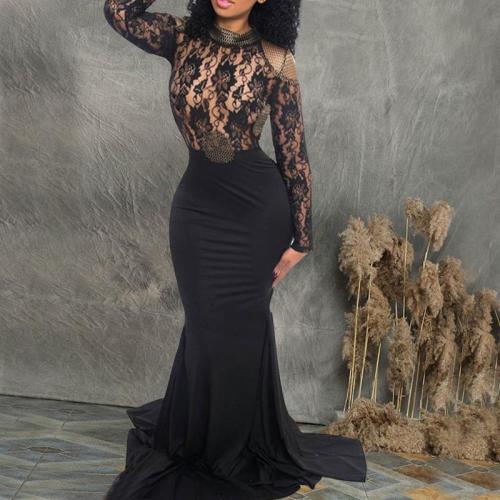 Sexy Lace Long Sleeve Backless Evening Dress
