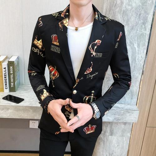 Spring Clothes Individual Crown Print Men's Small Suit Korean Style Slim Fit Blazer Jacket