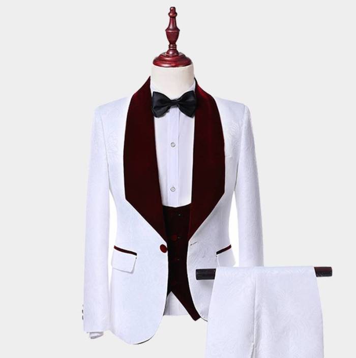 white ivory Men Suit 2019 new Wedding Suits For Men Burgundy Shawl Collar 3 Pieces Slim Fit Suit Mens Tuxedo Jacket jacket pant