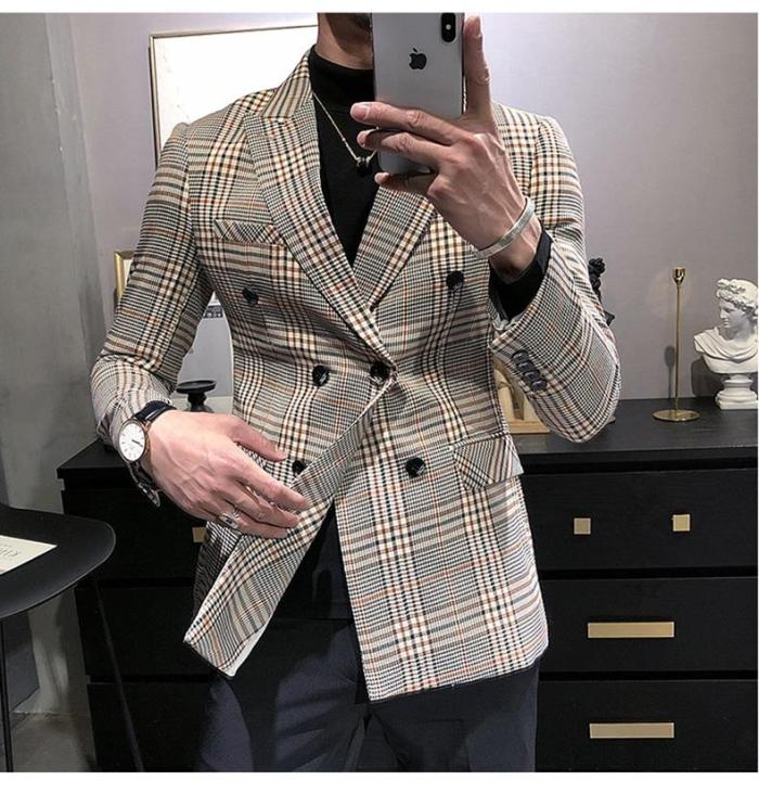 2020 Men's Tuxedos New Arrival Plaid Casual Double Breasted Slim Fit Blazer Mens Suit （Only Jacket）