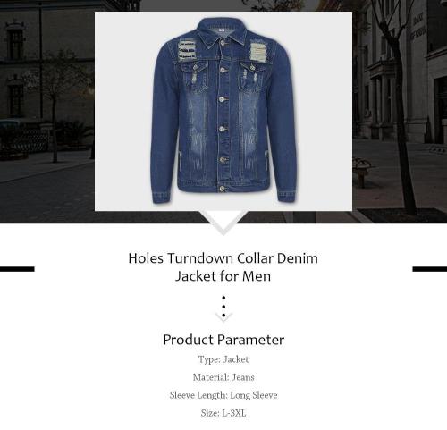 Holes Turndown Collar Chest Pocket Male Slim Fit Denim Jacket 9596