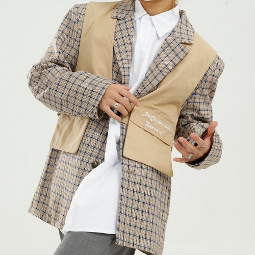 Men Vest Splice Suit Jacket Male Streetwear Hip Hop Japan Korea Style Loose Plaid Cargo Suit Blazers Coat Outerwear