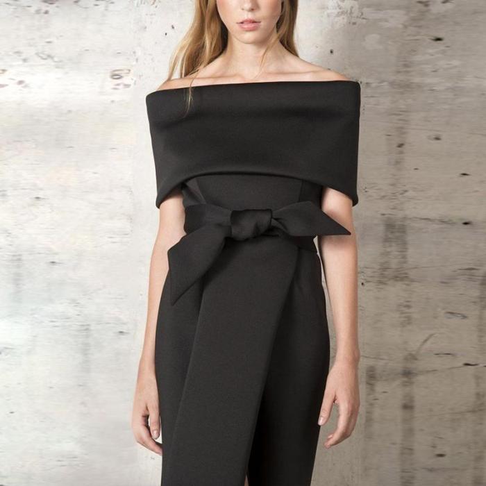 Fashion Off Shoulder Plain Bow Slit Bodycon Dress