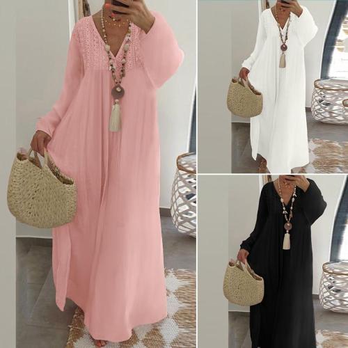 Long Sexy V neck Lantern Sleeve Lace Casual Loose Ruffles Party Maxi Dresses