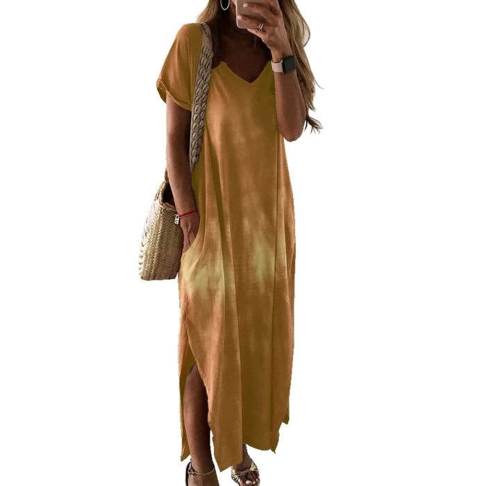 Vintage Women's Tie Dye Printing Dress 2020 Summer Print Midi Dress Casual Short Sleeve Female Plus Size 3XL Casual Dress