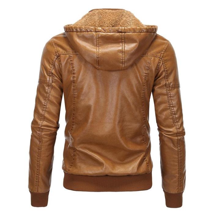 Men'S Clothing Leather Jacket Velvet Warm Winter Leather Hooded Fur Coat 1259