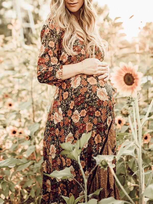 Maternity Bohemian V-Neck Floral Print Cropped Sleeve Ruffled Irregular Dress