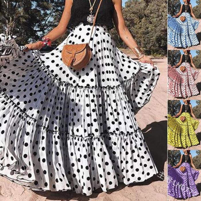 Skirt Dot High Waist Skirts White Pink Blue Yellow Plus Size All Match Vintage Long Skirts 2020 Maxi Dresses