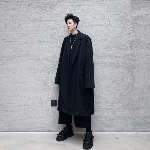 Men Japan Style Streetwear Long Blazers Suit Coat Male Vintage Fashion Loose Black Trenchcoat Outerwear Windbreaker