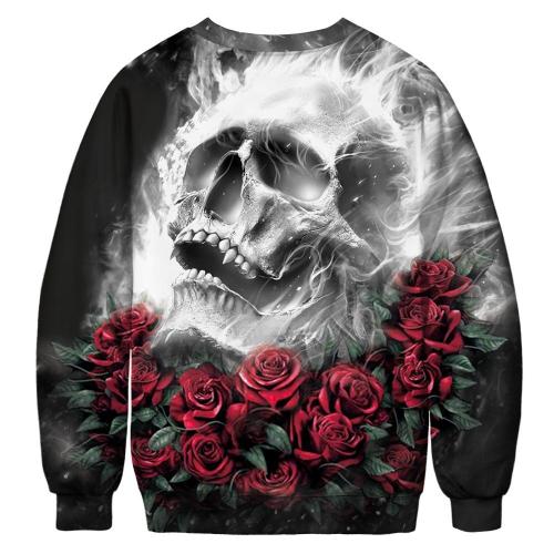 Skull Rose Printed Round Neck Pullover Top