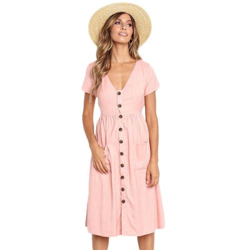Cotton Linen Women Summer Dress 2020 Casual V-neck Button Pocket Short Sleeve A-line Midi Dresses For Women Vestidos