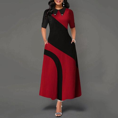 A Line Color Block Office Long Dress Evening Party Prom Elegant Women Half Sleeve African Ladies Autumn Maxi Dresses Female Fall