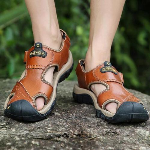 Casual Anti Collision Hook and Loop Fastener Leather Sandals