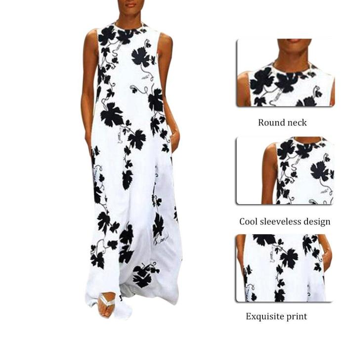 Maxi Long Dresses Vintage Casual Loose Sexy Round Neck Bohemia Floral Print Sleeveless Casual Dress