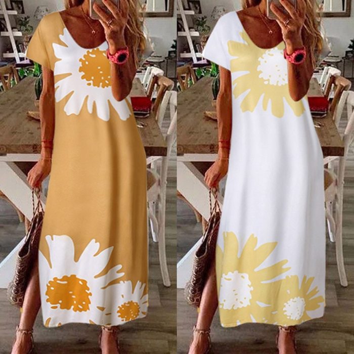 Holiday Loose O Neck Floral Print Long Dress Ladies Split Short Sleeves Beach Party Maxi Dresses